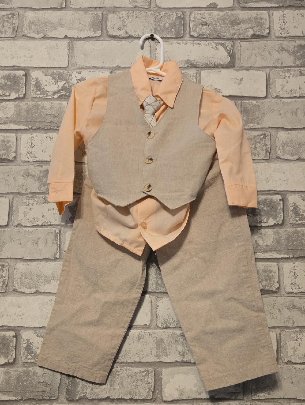 Boys Peach Shirt & Tie with Khaki Vest & Pants Matching Set